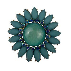 Vintage Teal & Gold Brooch Round Floral Rhinestone Pin Costume Jewelry